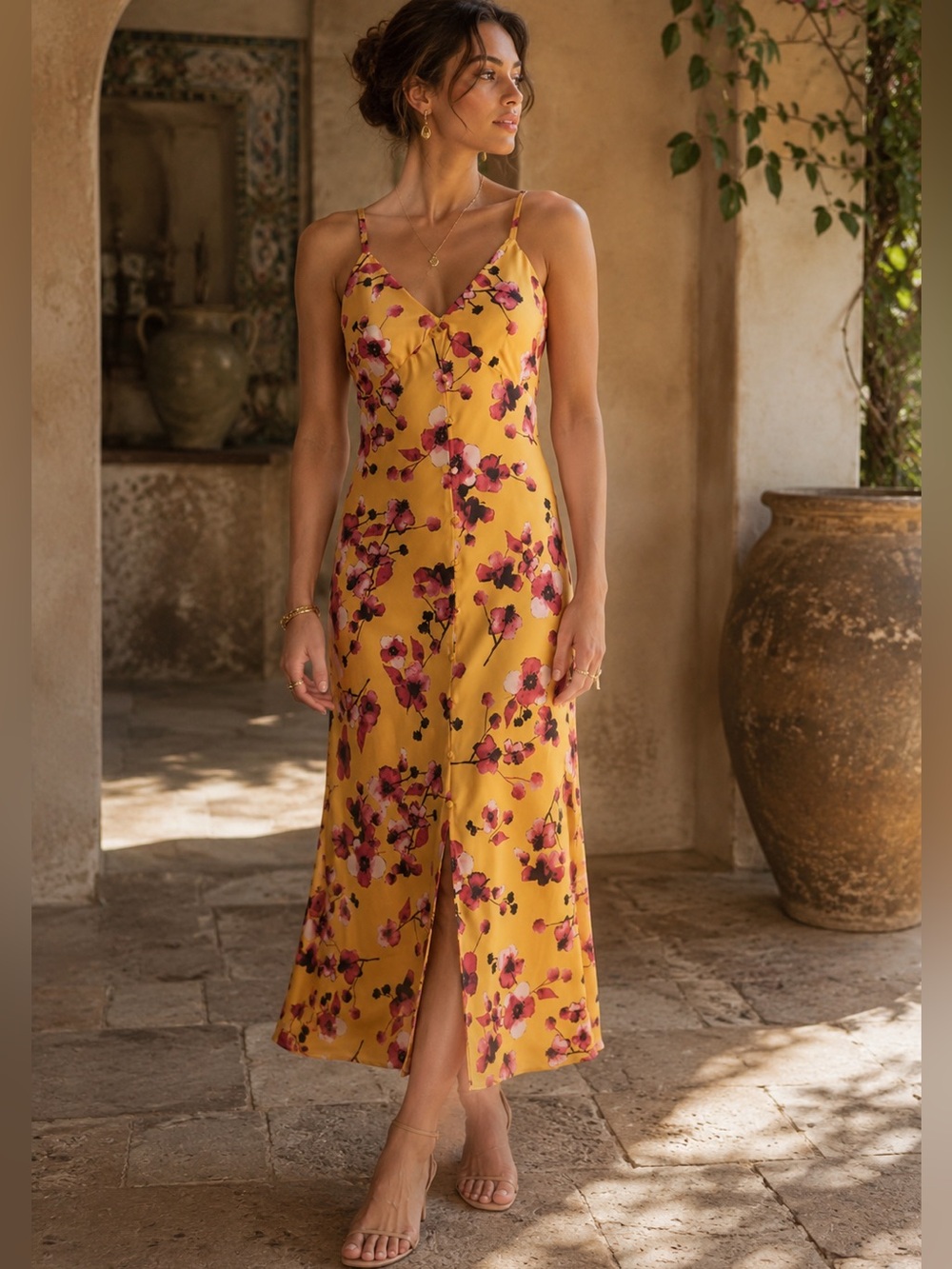 NWT Anthropologie Hutch Liddy Slipdress Floral Maxi Dress Mustard Multi